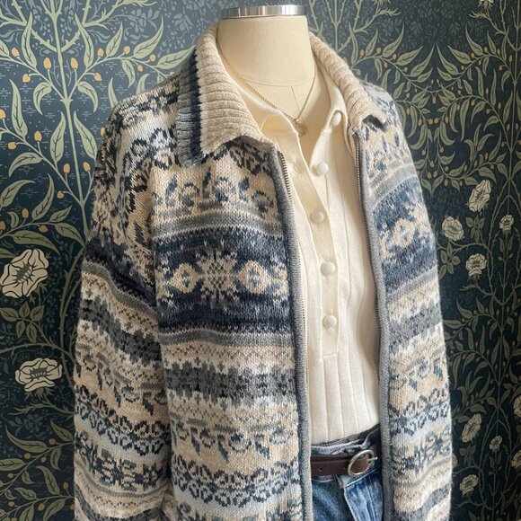 Vintage 90s Fair Isle Nordic Zip Up Cotton & Ramie Knit Cardigan - Picture 2 of 10